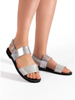 Klasické  sandály dámské stříbrné na plochém podpatku