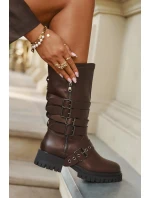 Zateplené dámské kozačky s pásky a přezkami hnědé Ivaline