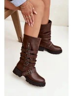 Zateplené dámské kozačky s pásky a přezkami hnědé Ivaline