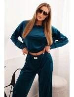 Dámská souprava z veluru s širokými nohavicemi a mikinou s kapucí chabrová
