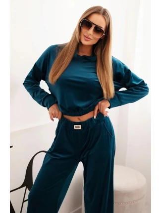 Dámská souprava z veluru s širokými nohavicemi a mikinou s kapucí chabrová