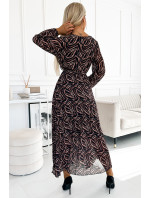 Dlouhé dámské plisované šifonové šaty s výstřihem, dlouhými rukávy, páskem a s hnědým zebřím vzorem 511-2