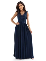 215-6 LEA dlouhé elegantní maxi šaty s krajkovým vrškem a rozparkem na nohou - tmavě modré