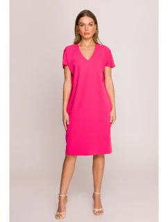 S392 Šaty uvolněného střihu s výstřihem do V - růžové