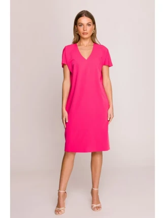 S392 Šaty uvolněného střihu s výstřihem do V - růžové S392 Šaty uvolněného střihu s výstřihem do V - růžové