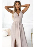 490-2 SUSAN Dlouhé brokátové šaty s výstřihem a prošíváním v pase - BEACH