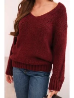 Dámský svetr s podílem vlny a výstřihem do V, bordový