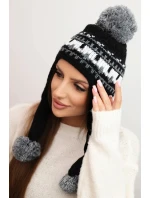 Dámská zimní čepice vlněná s ušima a bambulkami K436 černá + grafitová