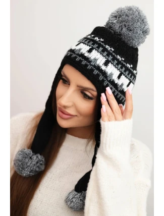 Dámská zimní čepice vlněná s ušima a bambulkami K436 černá + grafitová