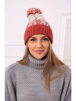 Dámská čepice s bambulí Abigail K326 červená+béžová