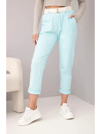 Dámské bavlněné kalhoty s páskem a ohrnutým nohavicí mátové