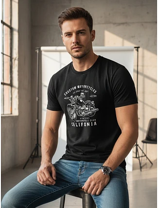 Pánské bavlněné tričko s potiskem motorky černé FashionStreet NX050R