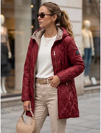 Dámská prošívaná přechodová bunda s kapucí, bordová, FashionStreet TY5771 Dámská prošívaná přechodová bunda s kapucí, bordová, FashionStreet TY5771