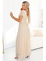 635-9 MELANIA dlouhé třpytivé svatební šaty s výstřihem a krátkými rukávy - béžové