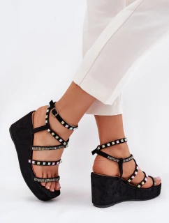 Dámské Sandály Na Klínu Se Zdobením Na Páscích Černé Lunara