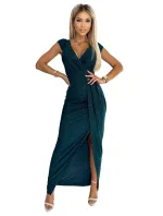 451-1 Třpytivé šaty s krátkými rukávy, výstřihem a rozparkem na nohou - BUTTER GREEN