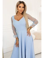 640-5 LORETTA jedinečné dlouhé šaty s tylovými rukávy a výstřihem - modré