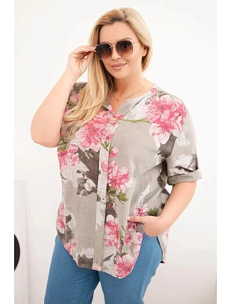 Dámská bavlněná halenka ve velikosti Plus s výstřihem do V v květinovém vzoru fango Dámská bavlněná halenka ve velikosti Plus s výstřihem do V v květinovém vzoru fango