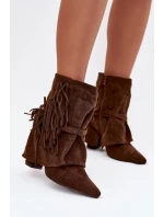 Dámské kotníkové boty na podpatku s třásněmi a zlatými sponami hnědé Evelisse Botki Damskie