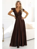 411-15 CRYSTAL saténové dlouhé šaty s výstřihem - čokoládové