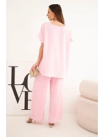 Dámský komplet Plus Size halenka a kalhoty se širokou nohavicí bonbónově růžová