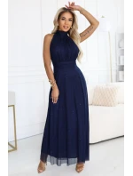636-2 VERONICA luxusní dlouhé šaty s brokátovým akcentem a elegantním střihem - námořnická modř