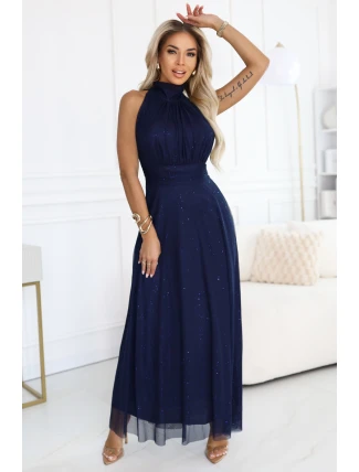 636-2 VERONICA luxusní dlouhé šaty s brokátovým akcentem a elegantním střihem - námořnická modř