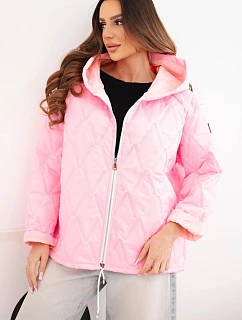 Dámská jarní prošívaná bunda s kapucí a zipem cukrově růžová