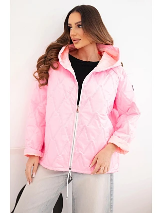 Dámská jarní prošívaná bunda s kapucí a zipem cukrově růžová