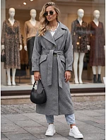 Dlouhý dámský kabát s páskem na přechodné období, tmavě šedý, FashionStreet NY0773 Dlouhý dámský kabát s páskem na přechodné období, tmavě šedý, FashionStreet NY0773