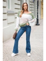 Dámský svetr pruhovaný s copánky na rukávech z vlny khaki + šedý