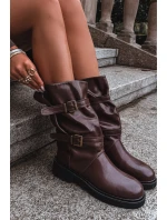 Vlněné dámské kozačky do poloviny lýtka s pásky a přezkami hnědé Halvessa