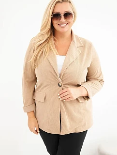 Dámské sako Plus Size manšestrové s klopami a kapsami camelová