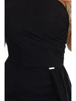 658-1 Třpytivé maxi šaty na jedno rameno s asymetrickými rukávy a rozparkem - černé