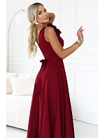 643-9 Elegantní večerní maxi šaty s rozparkem a růžemi – vínové 643-9 Elegantní večerní maxi šaty s rozparkem a růžemi – vínové