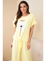 Dámský viskózový komplet s halenkou s potiskem a kalhotami žlutý