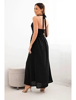 Dámské viskózové maxi šaty vázané na krku s ozdobnou sponou černá