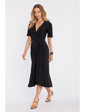 M912 Zavinovací midi šaty s volánem a řasením - černé