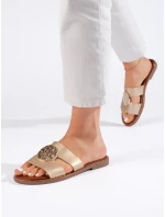 Pohodlné dámské zlaté nazouváky na plochém podpatku Pohodlné dámské zlaté nazouváky na plochém podpatku