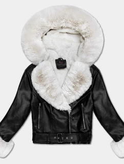 Černo/ecru dámská bunda ramoneska s kožešinovou kapucí (61M8506-392B)