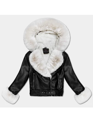 Černo/ecru dámská bunda ramoneska s kožešinovou kapucí (61M8506-392B) Černo/ecru dámská bunda ramoneska s kožešinovou kapucí (61M8506-392B)