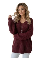 661-1 Teplý svetr oversize s fleecovou vazbou a výstřihem do V - vínový