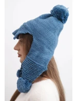 Dámská zimní čepice s vlnou, s kšiltem a bambulemi K475 jeansová