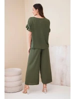 Dámský viskózový komplet s halenkou s potiskem a kalhotami khaki