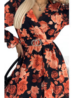 Dámské šaty s psaníčkovým výstřihem a páskem Numoco ROSETTA - oranžové květiny