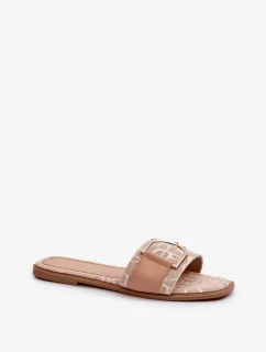 Lesklé dámské pantofle s béžovým zdobením špičky