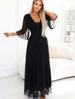 654-5 Dlouhé lesklé plus size šaty s výstřihem a průhlednými rukávy - černé