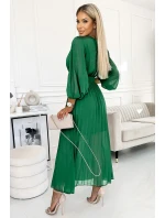 414-3 KLARA plisované šaty s páskem a výstřihem - SVĚTLE ZELENÉ 414-3 KLARA plisované šaty s páskem a výstřihem - SVĚTLE ZELENÉ