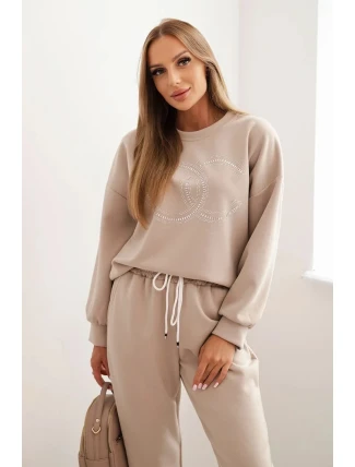 Dámský komplet z viskózy s ozdobným motivem a kalhotami béžový