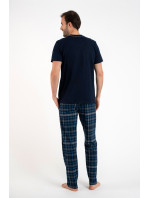 Pánské pyžamo Ruben, krátký rukáv, dlouhé kalhoty - tmavě modrá/potisk